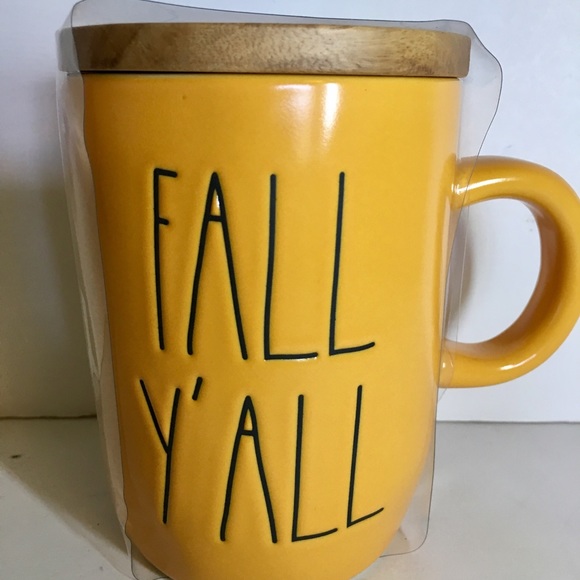 Rae Dunn Fall Y’All Gold Ceramic Mug Wooden Lid - Picture 2 of 7
